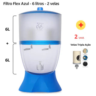 Filtro Flex - 6 litros - 2 velas - Azul + 2 velas Tripla Ação
